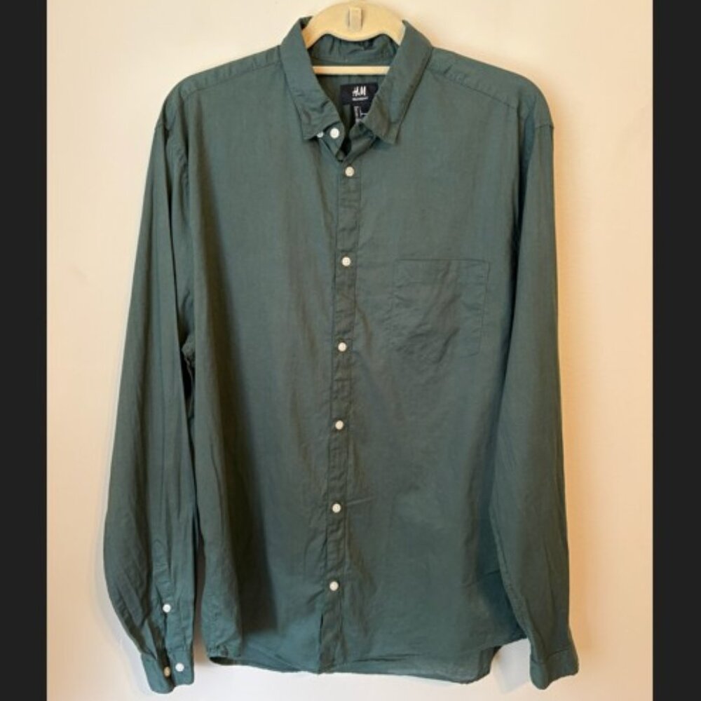 H&M Green Relaxed Fit Oxford Long Sleeve Shirt Men's Size L